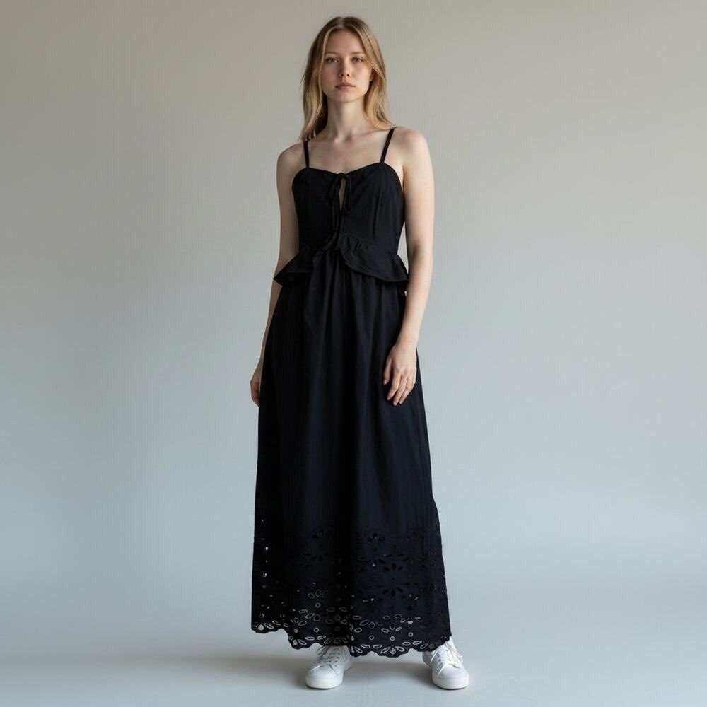 Caroline Constas Black Cotton Eyelet Peplum Maxi Dress Small Smocked Back 53in